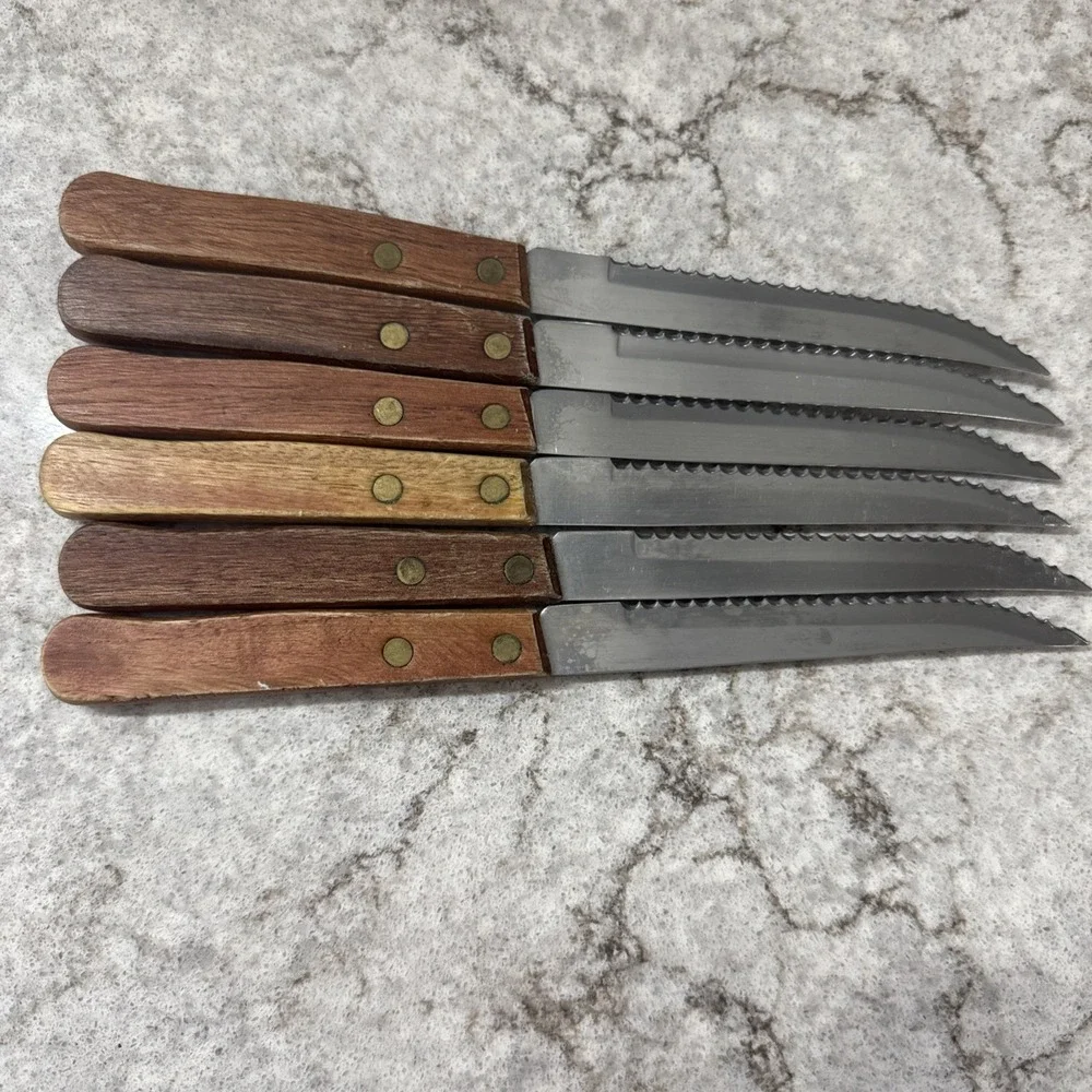 6 Vintage Brand Ware Stainless Steel Steak Knives Wooden Handles Dainty